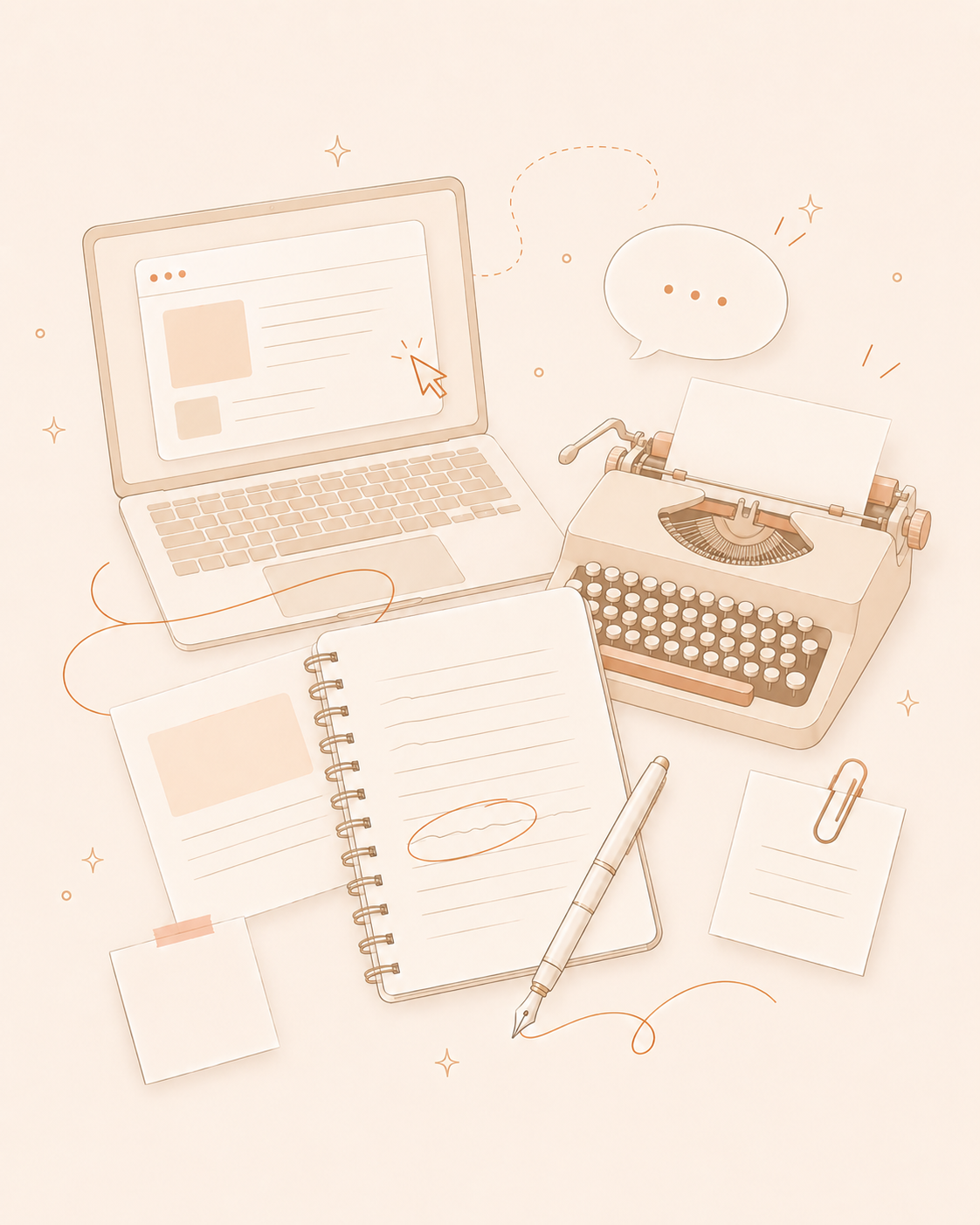 Illustration rédaction web et stratégie de contenu Illustration éditoriale avec ordinateur, machine à écrire, carnet et stylo pour représenter la rédaction web et la stratégie de contenu.