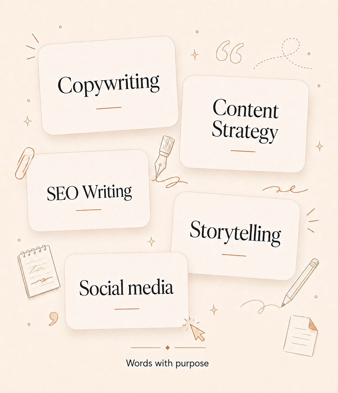 copywriting-content-strategy Visuel illustrant les services de Via Marion : copywriting, stratégie de contenu, rédaction SEO, storytelling et social media