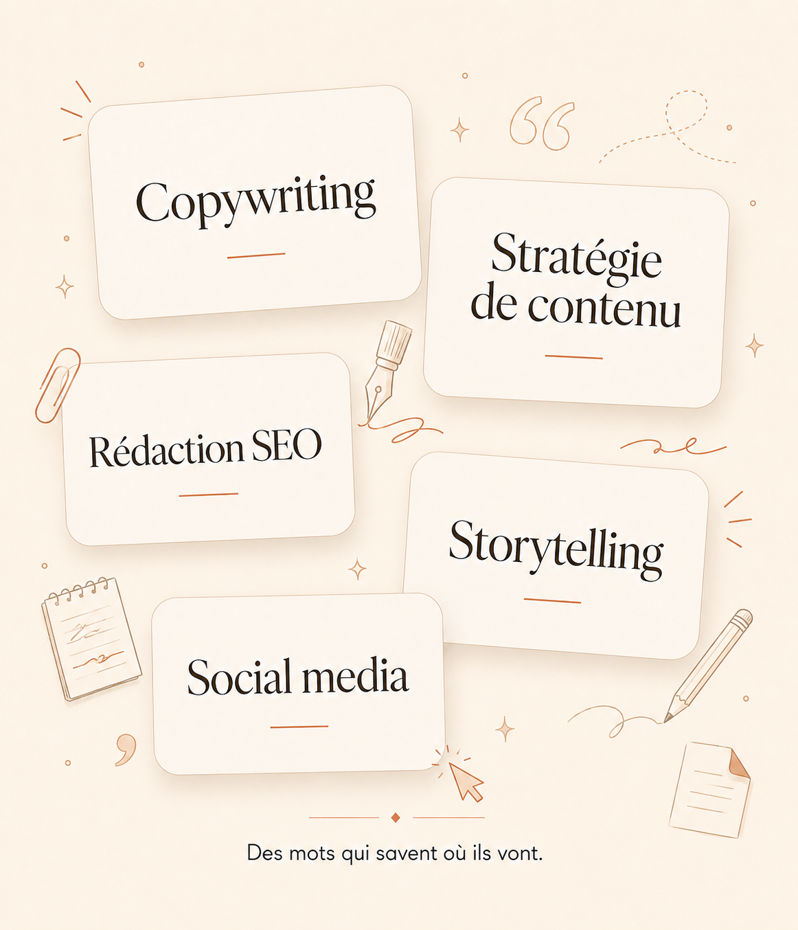 copywriting-stratégie-contenu Visuel illustrant les services de Via Marion : copywriting, stratégie de contenu, rédaction SEO, storytelling et social media