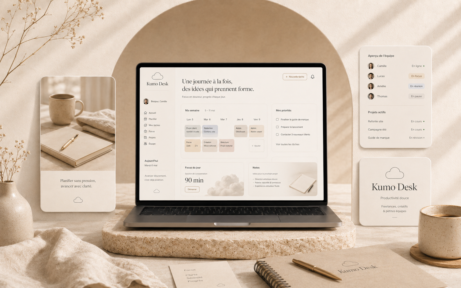 Visuel éditorial Kumo Desk pour un projet de landing page SaaS et productivité douce